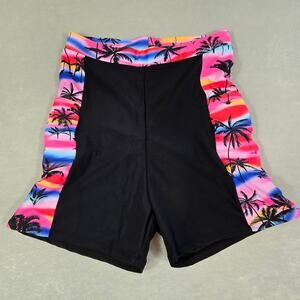 BLOOMCHIC Women's Black w/Tropical Print Contrast Swim Bottoms Shorts w/Pockets